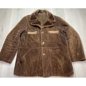 Vintage 1960 Corduroy Jacket Men Large Brown Wide Wale Barn Chore Fur Lined Coat